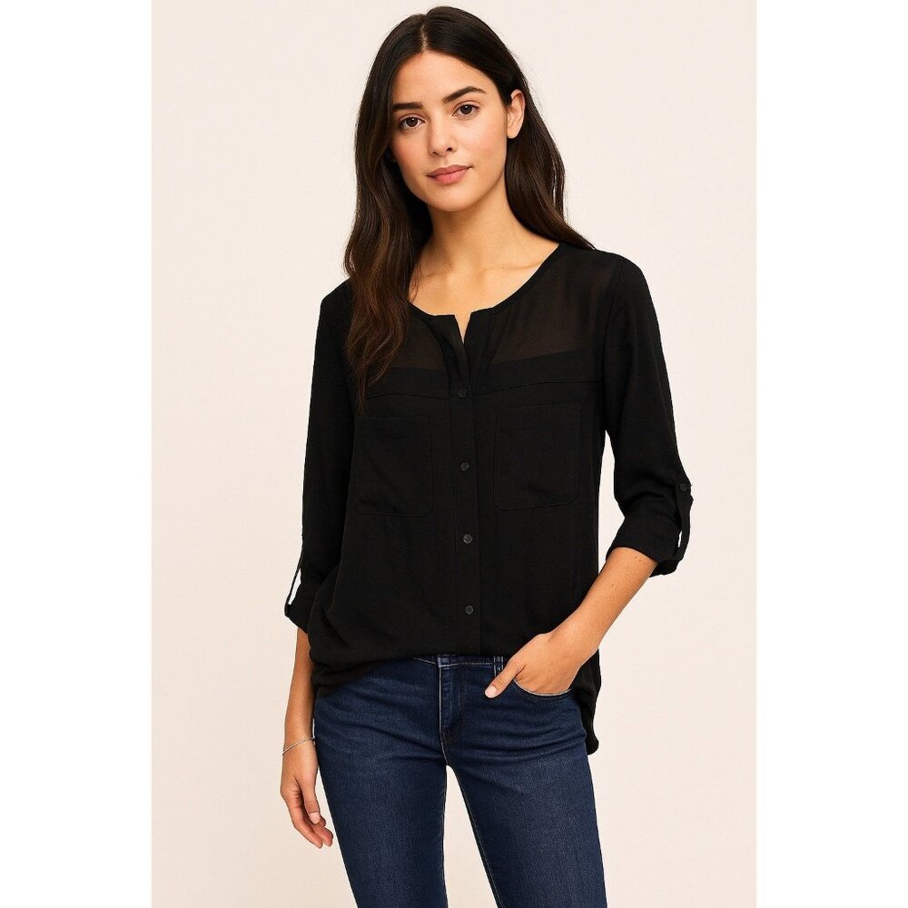 DKNY Jeans Black Sheer Panel Roll Tab Sleeve Blouse | Size L